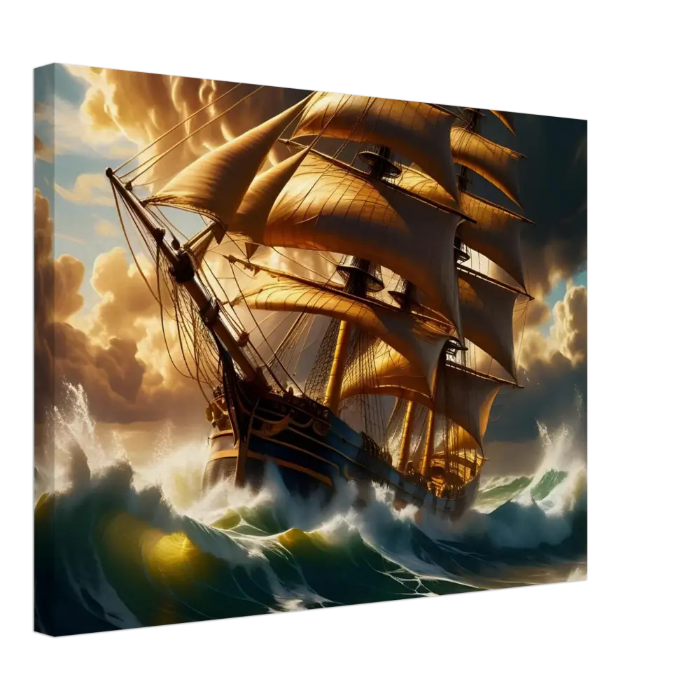 Golden-sailed ship sailing through turbulent waves on Canvas Tempestbound Sovereign print