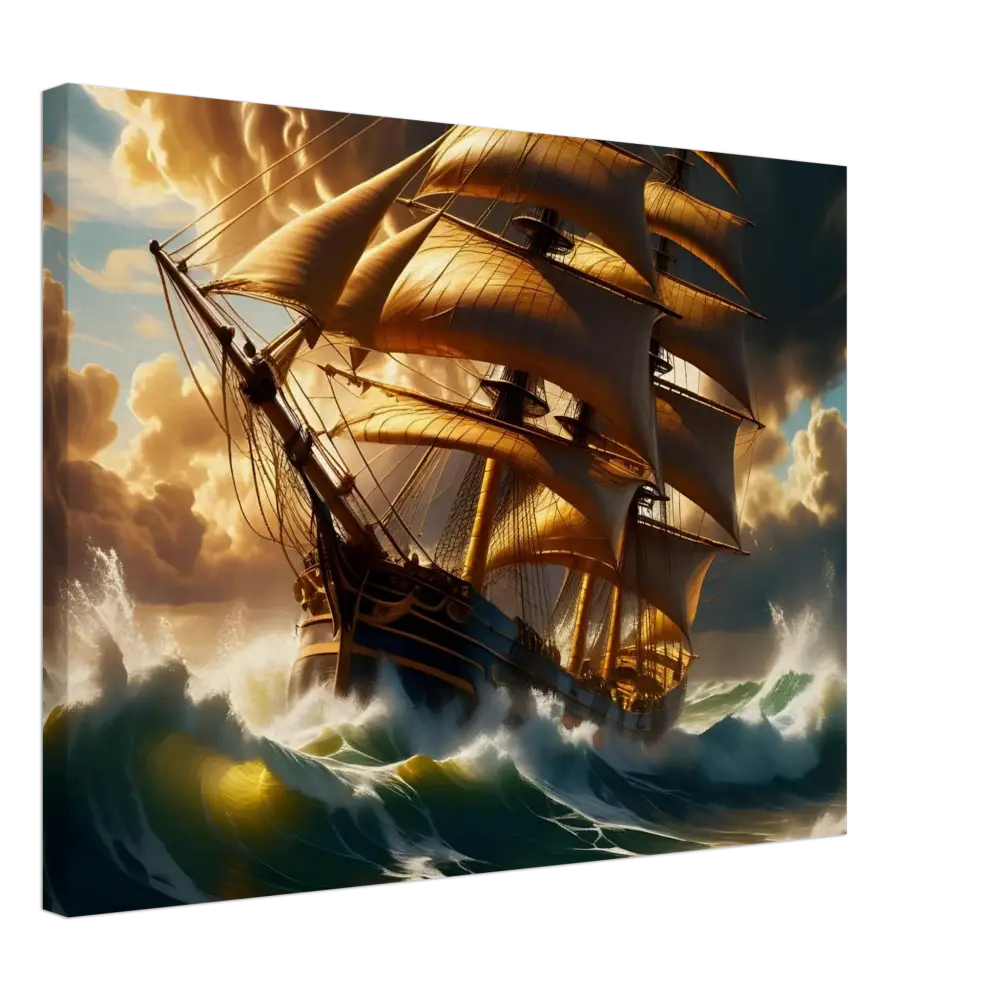 Golden-sailed ship navigating stormy seas on Canvas Tempestbound Sovereign PixiOnyx Marine Power Print
