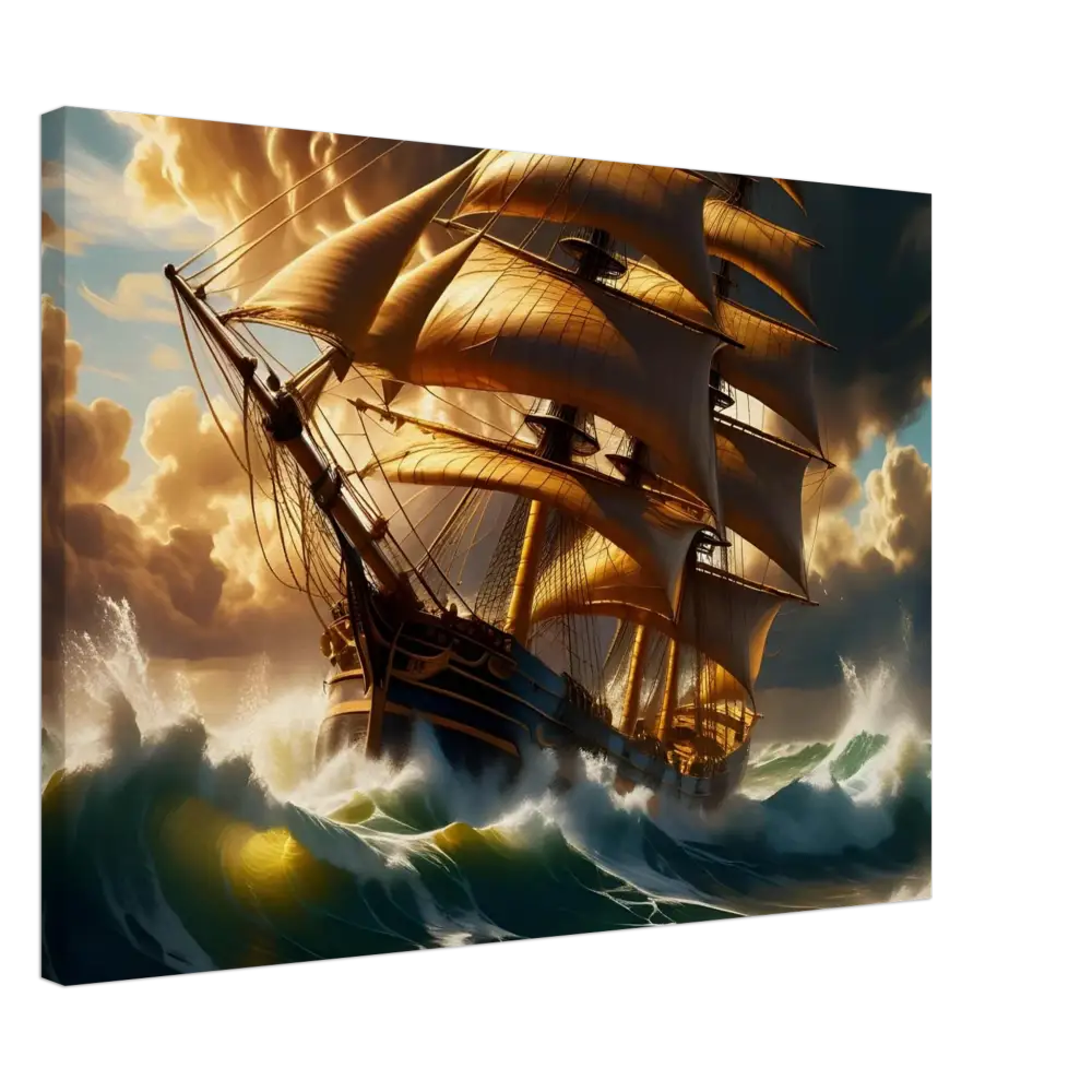 Glistening galleon sailing stormy seas on Canvas Tempestbound Sovereign PixiOnyx Marine Print