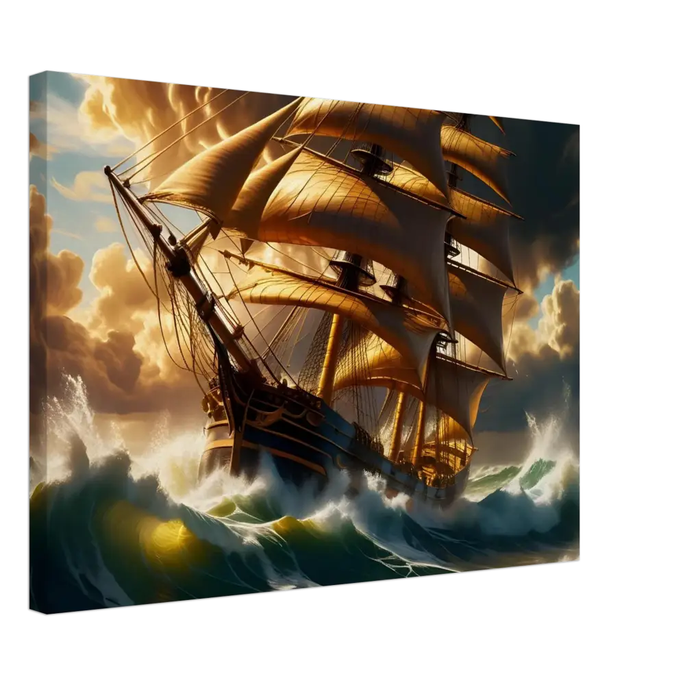 Golden sailing ship amidst stormy seas on Canvas Tempestbound Sovereign PixiOnyx Marine Power Print