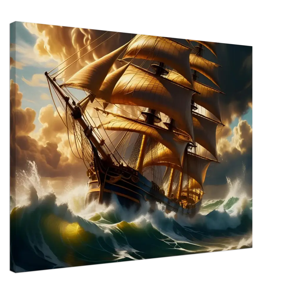 Golden sailing ship in stormy seas on Canvas Tempestbound Sovereign PixiOnyx Marine Power Print