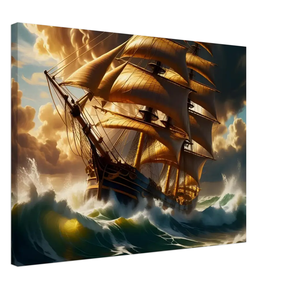 Golden-sailed ship navigating stormy seas on Canvas Tempestbound Sovereign PixiOnyx print