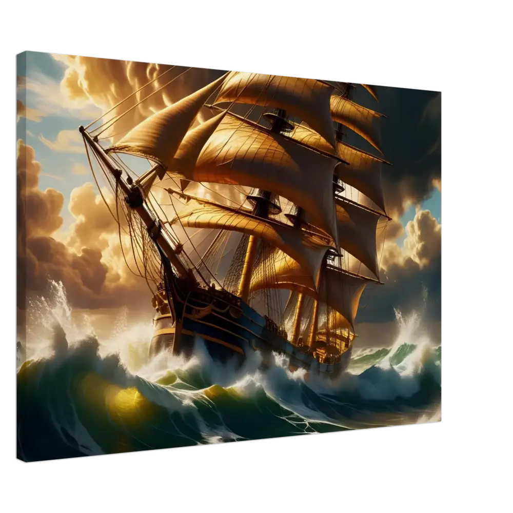Golden-sailed ship navigating stormy seas on Canvas Tempestbound Sovereign PixiOnyx Marine Power Print