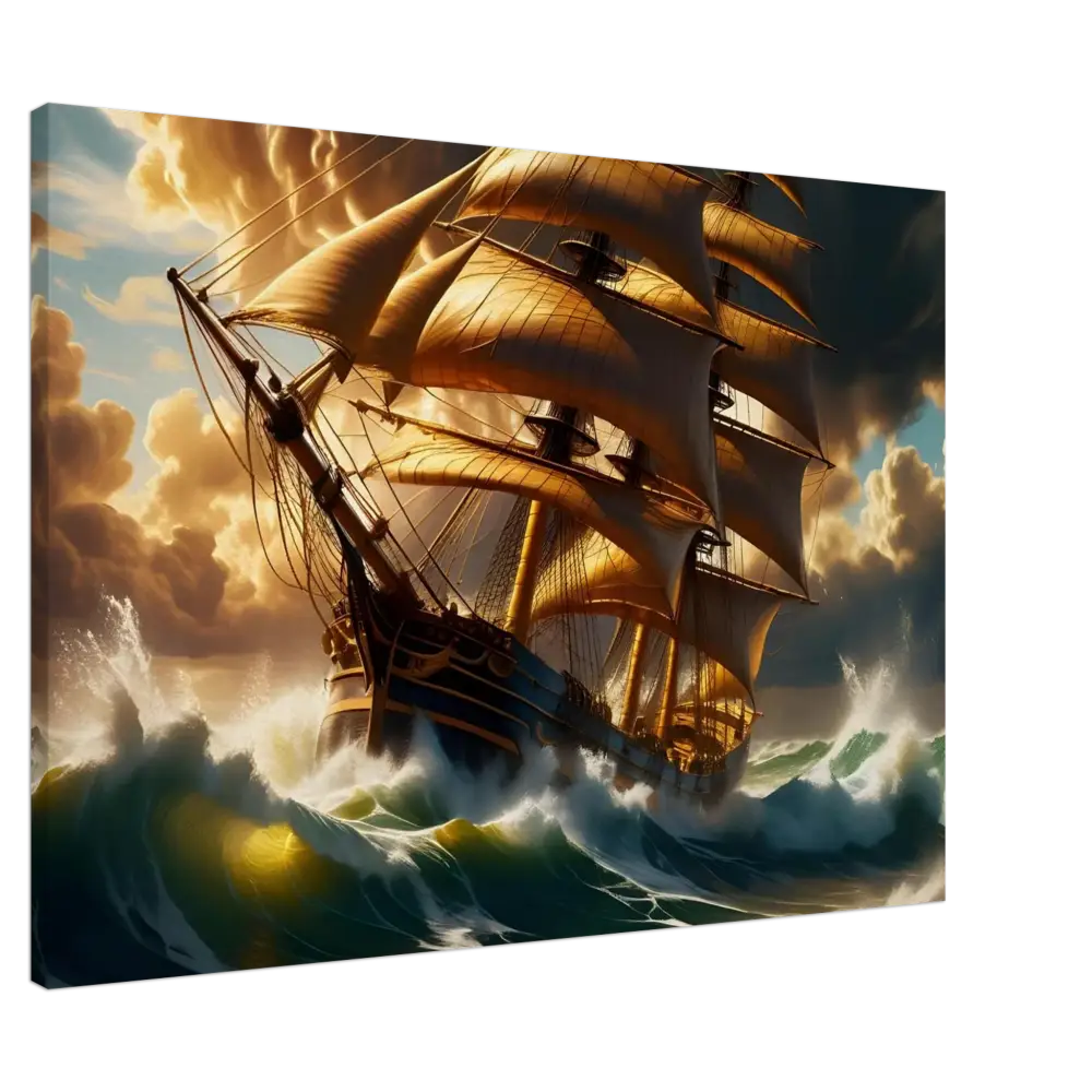 Golden-sailed ship navigating stormy seas on Canvas Tempestbound Sovereign PixiOnyx Marine Print