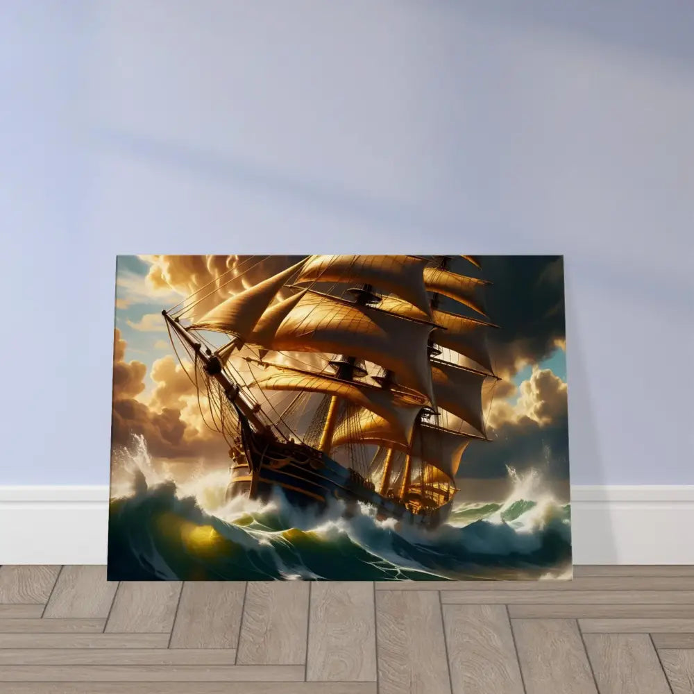 Golden-sailed ship battling stormy seas on Canvas Tempestbound Sovereign PixiOnyx print
