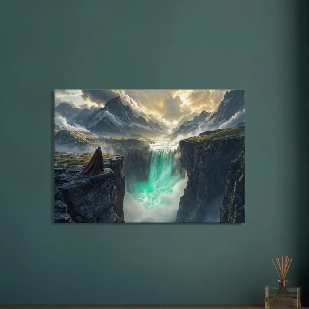 Waterfall landscape painting displayed on Canvas The Edge of Silence by PixiOnyx