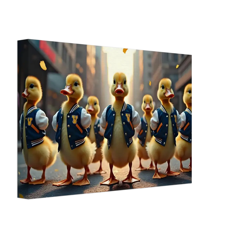 Ducklings wearing stylish varsity jackets featured in Canvas Varsity Duck Squad wall art