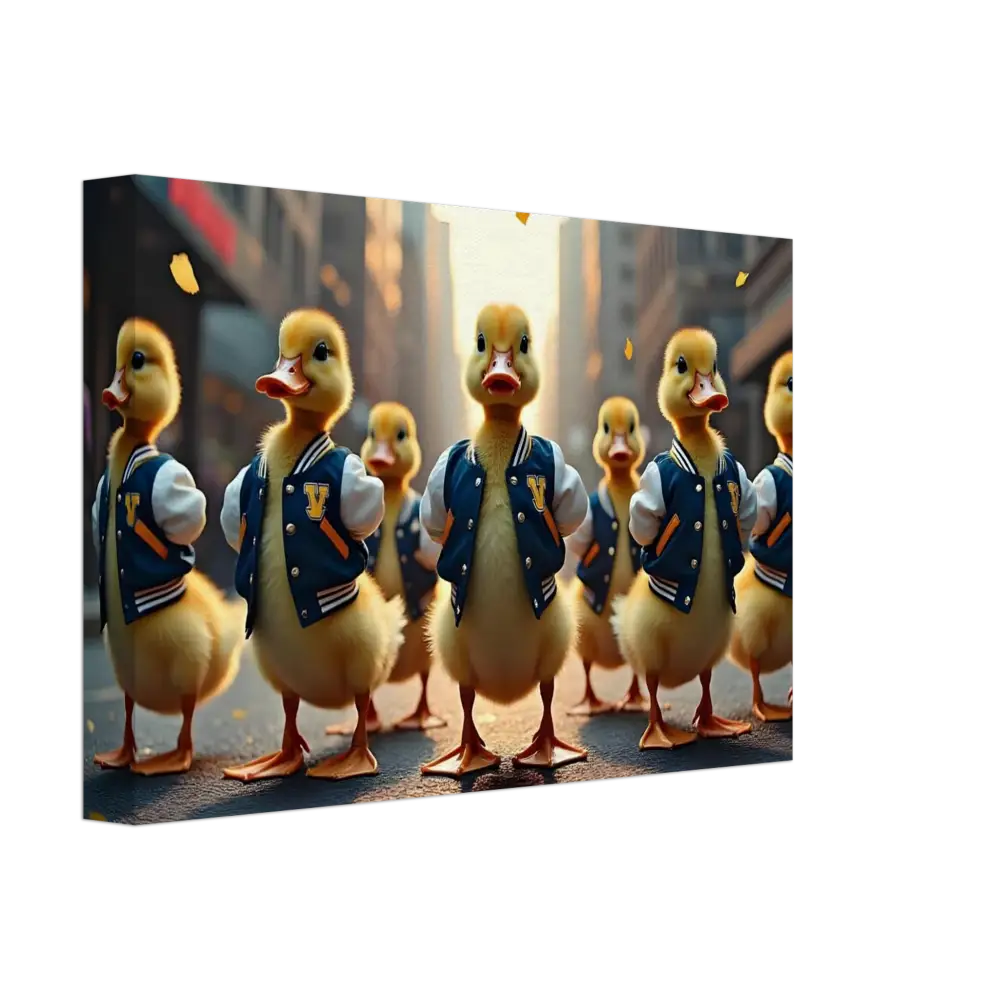 Ducklings in varsity jackets displayed on PixiOnyx Urban Whimsy Wall Art Canvas