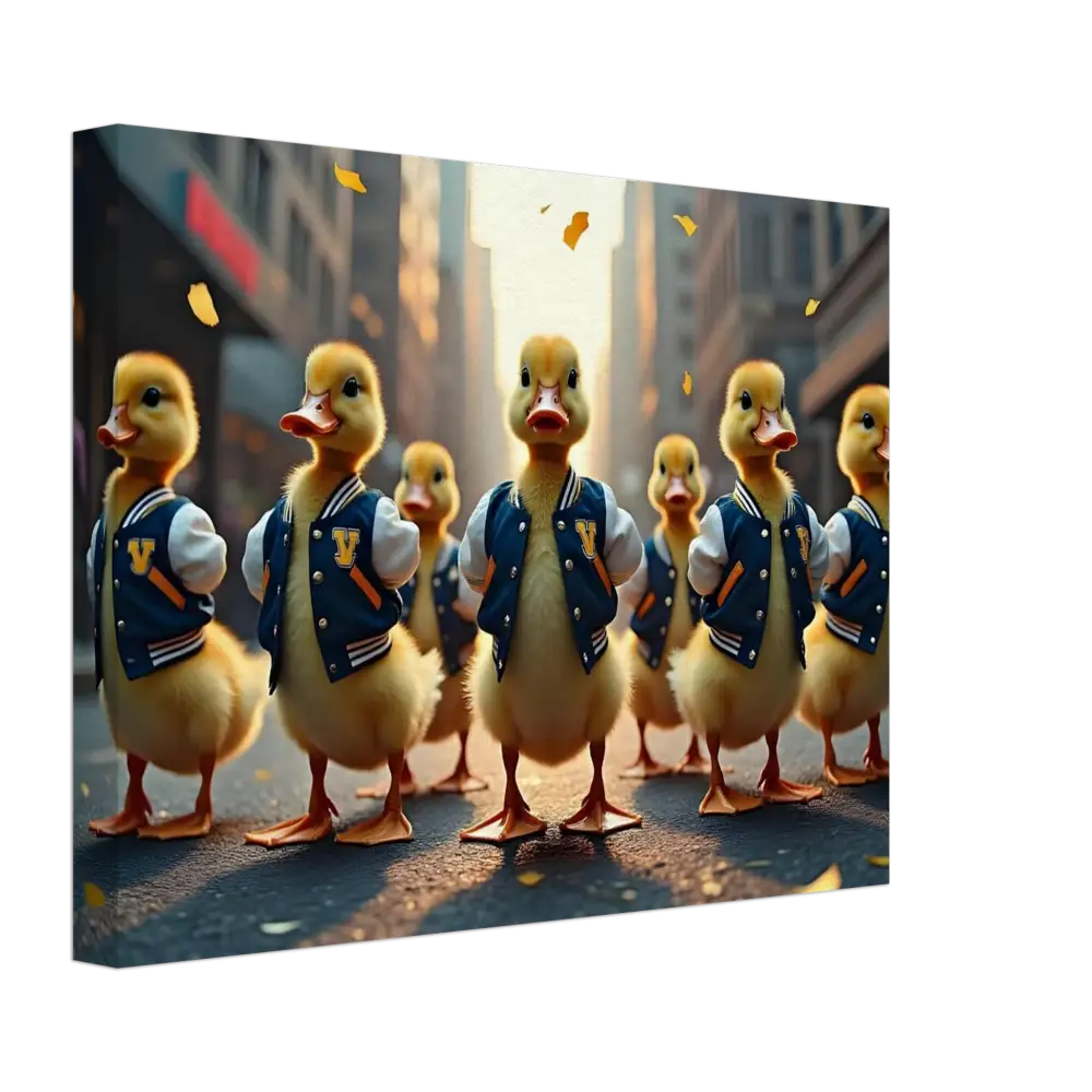 Canvas print of ducks in varsity jackets from PixiOnyx Urban Whimsy Wall Art