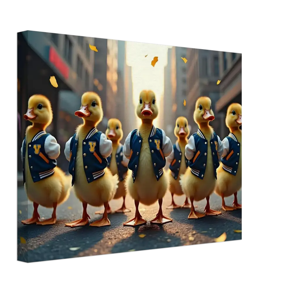 Ducklings in varsity jackets artwork from Canvas – Varsity Duck Squad by PixiOnyx Urban Whimsy Wall Art