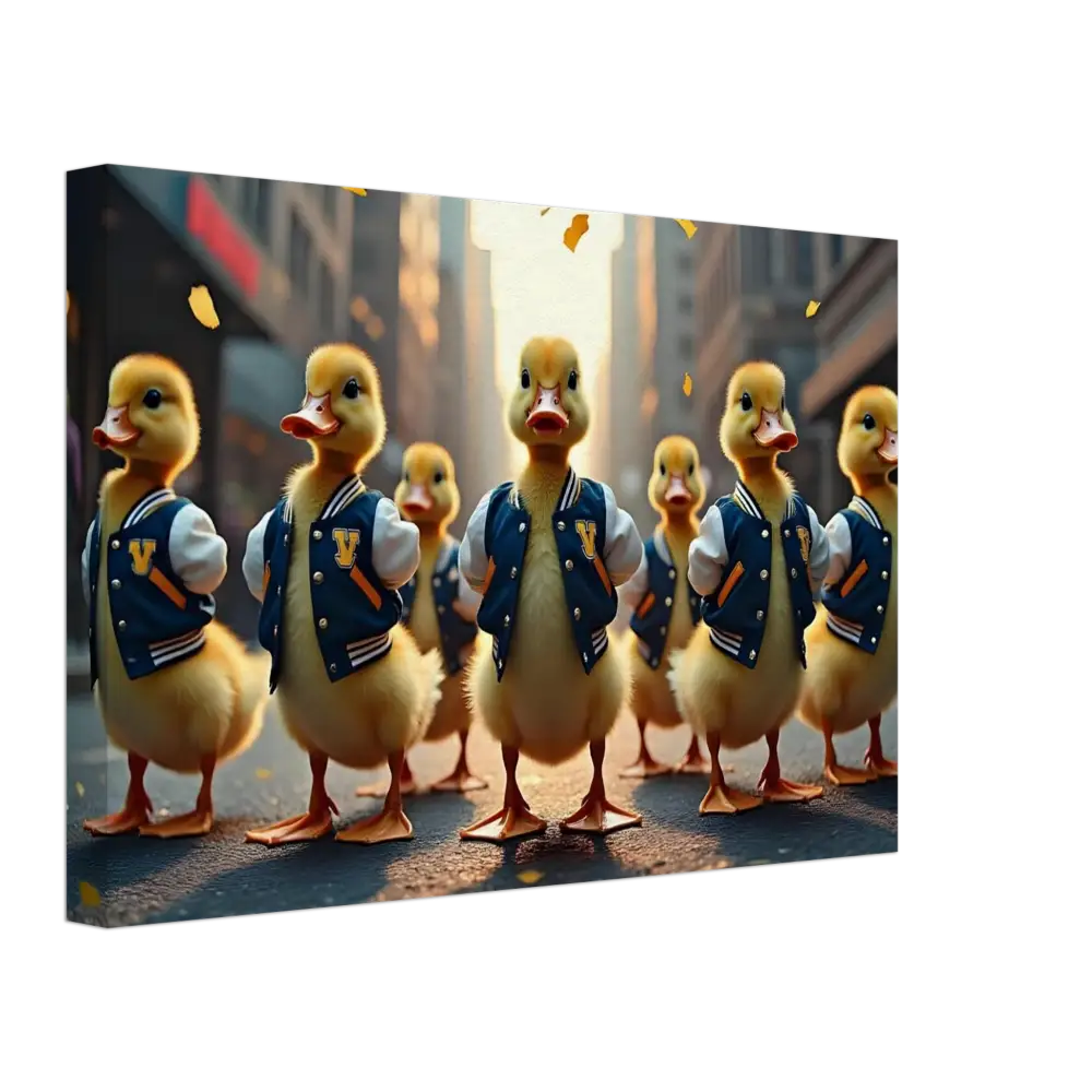 Ducks wearing stylish varsity jackets featured in PixiOnyx Urban Whimsy Wall Art Canvas