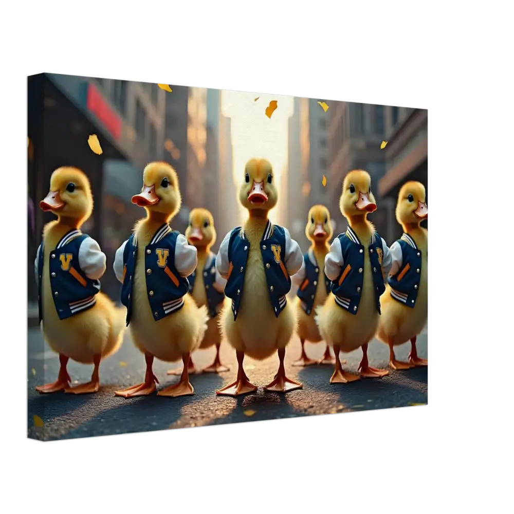 Canvas print of Ducks in Varsity Jackets from PixiOnyx Urban Whimsy Wall Art