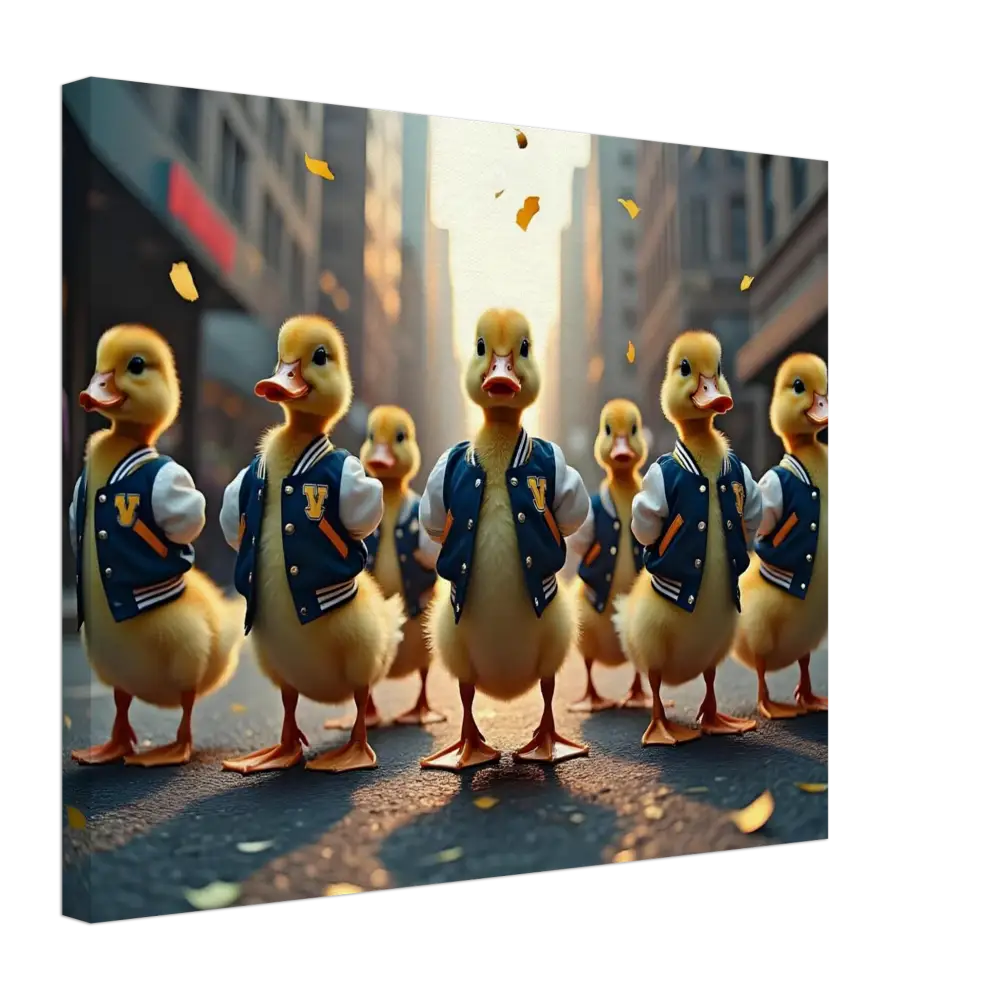 Canvas print of ducks in varsity jackets from PixiOnyx Urban Whimsy Wall Art