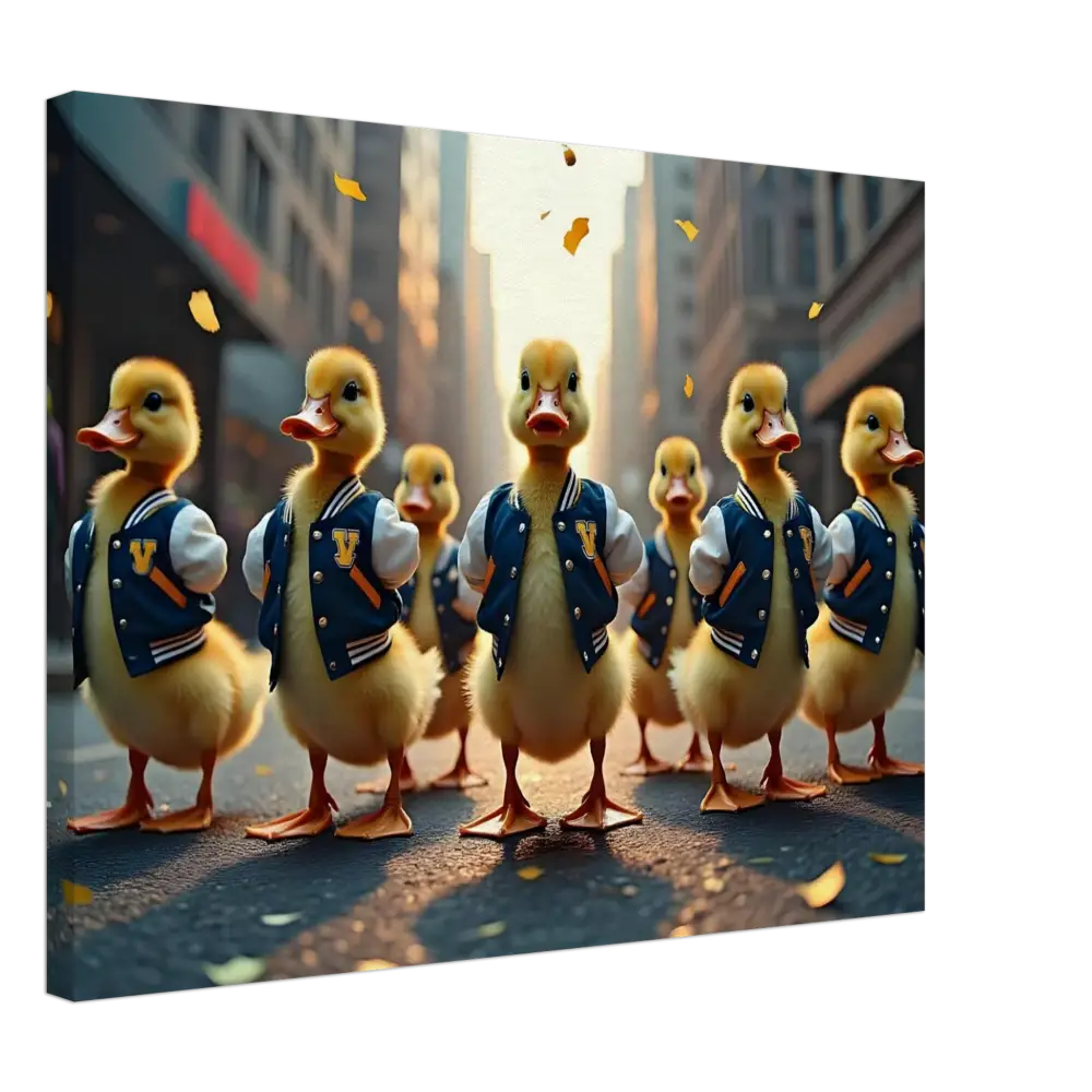 Ducks wearing stylish varsity jackets displayed in Canvas PixiOnyx Urban Whimsy Wall Art