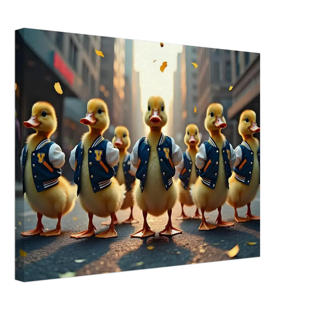 Ducks wearing stylish varsity jackets in PixiOnyx Urban Whimsy Wall Art Canvas