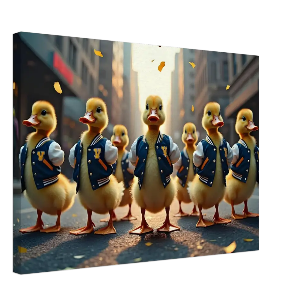 Group of ducklings in varsity jackets from Canvas Varsity Duck Squad PixiOnyx Wall Art
