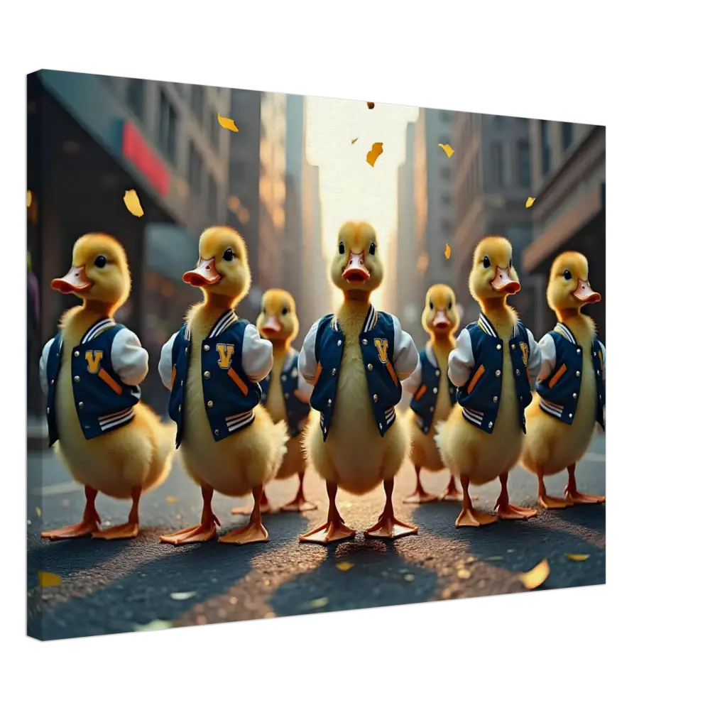 Canvas Varsity Duck Squad wall art featuring a group of stylish ducks in varsity jackets