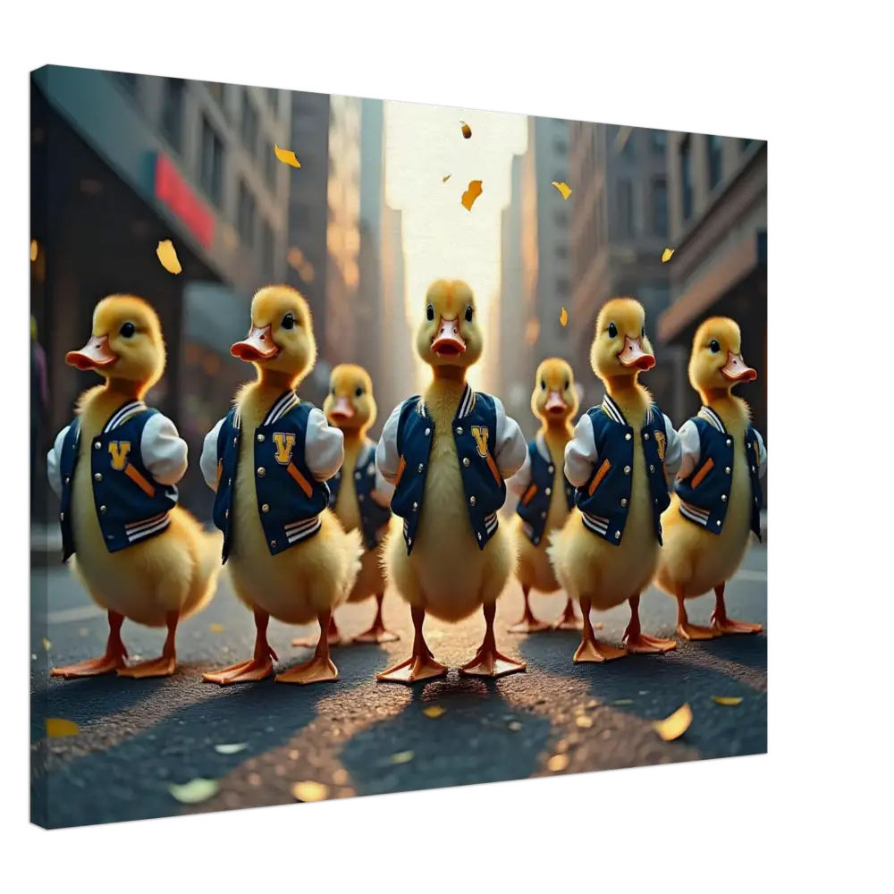 Group of ducklings in varsity jackets displayed in Canvas – Varsity Duck Squad wall art