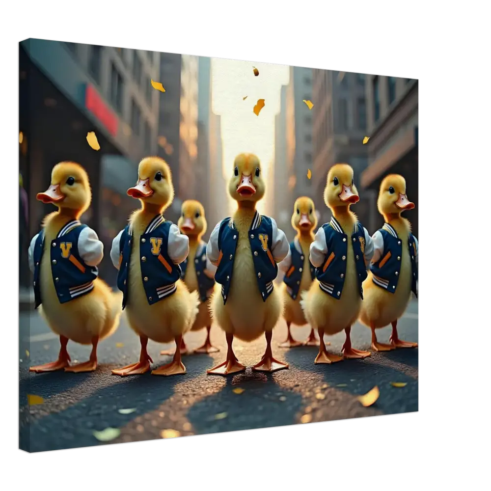Ducks wearing stylish varsity jackets from PixiOnyx Urban Whimsy Wall Art Canvas