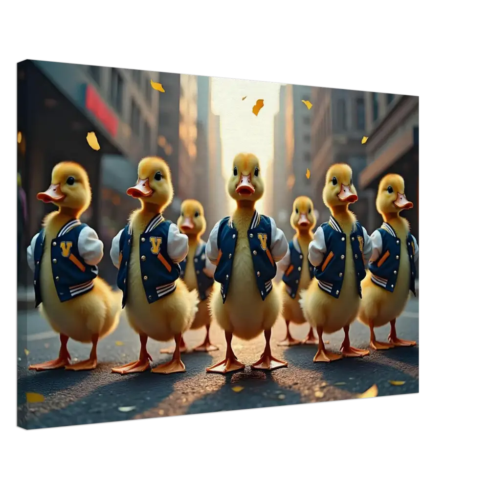 Ducklings in varsity jackets displayed in Canvas Varsity Duck Squad urban wall art