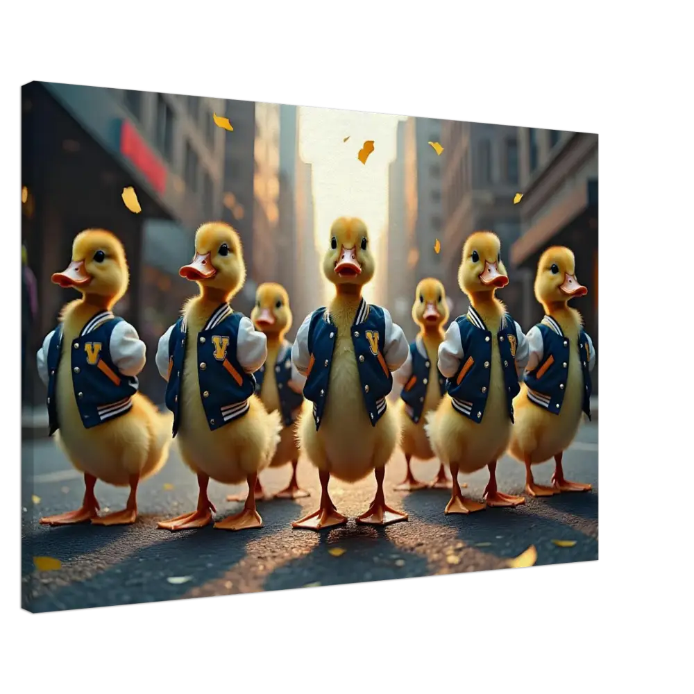 Canvas print of ducks in varsity jackets from PixiOnyx Urban Whimsy Wall Art