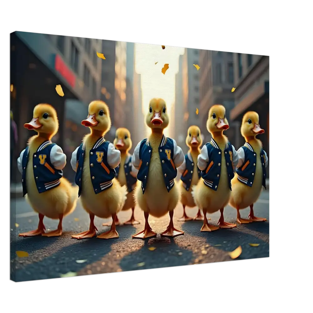 Group of ducks wearing varsity jackets for PixiOnyx Urban Whimsy Wall Art