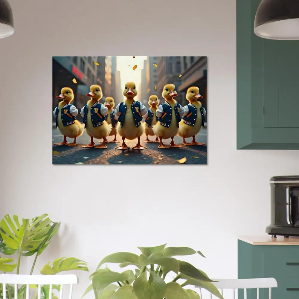 Framed duckling gang print on Canvas Varsity Duck Squad PixiOnyx Urban Whimsy Wall Art