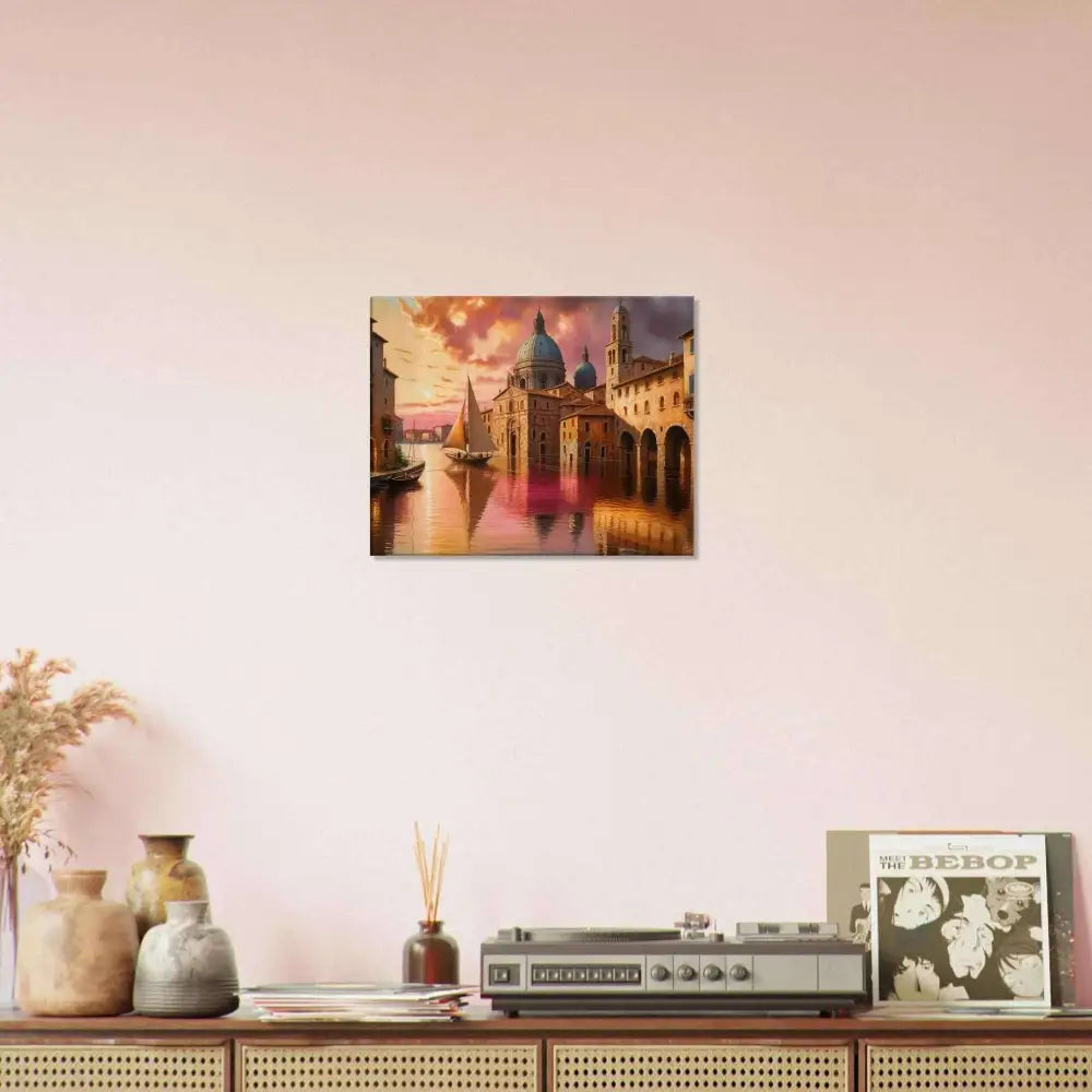 Framed Venetian Reverie canvas print with vibrant watercolor cityscape, artist-grade cotton, fade-resistant inks