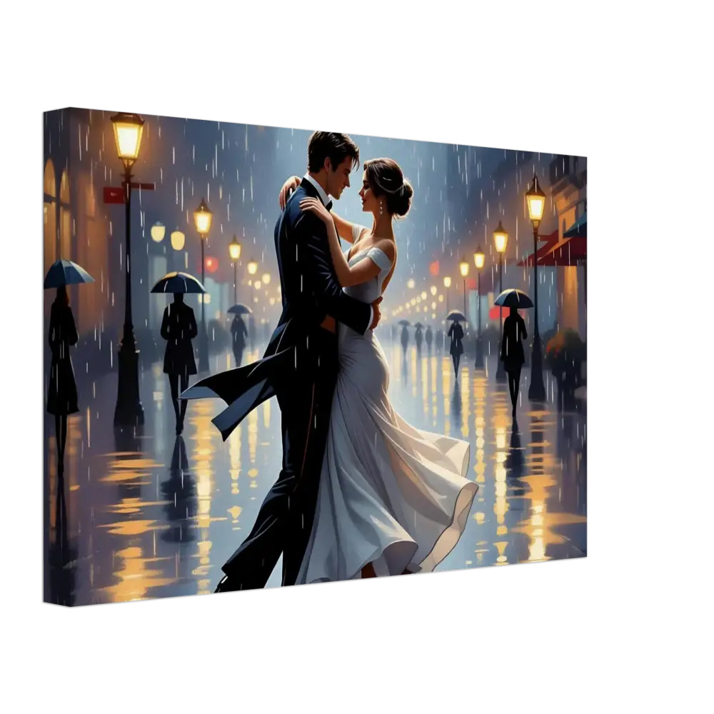 Romantic couple dancing in the rain on PixiOnyx Dreamscape Canvas named Canvas Waltz in the Rain