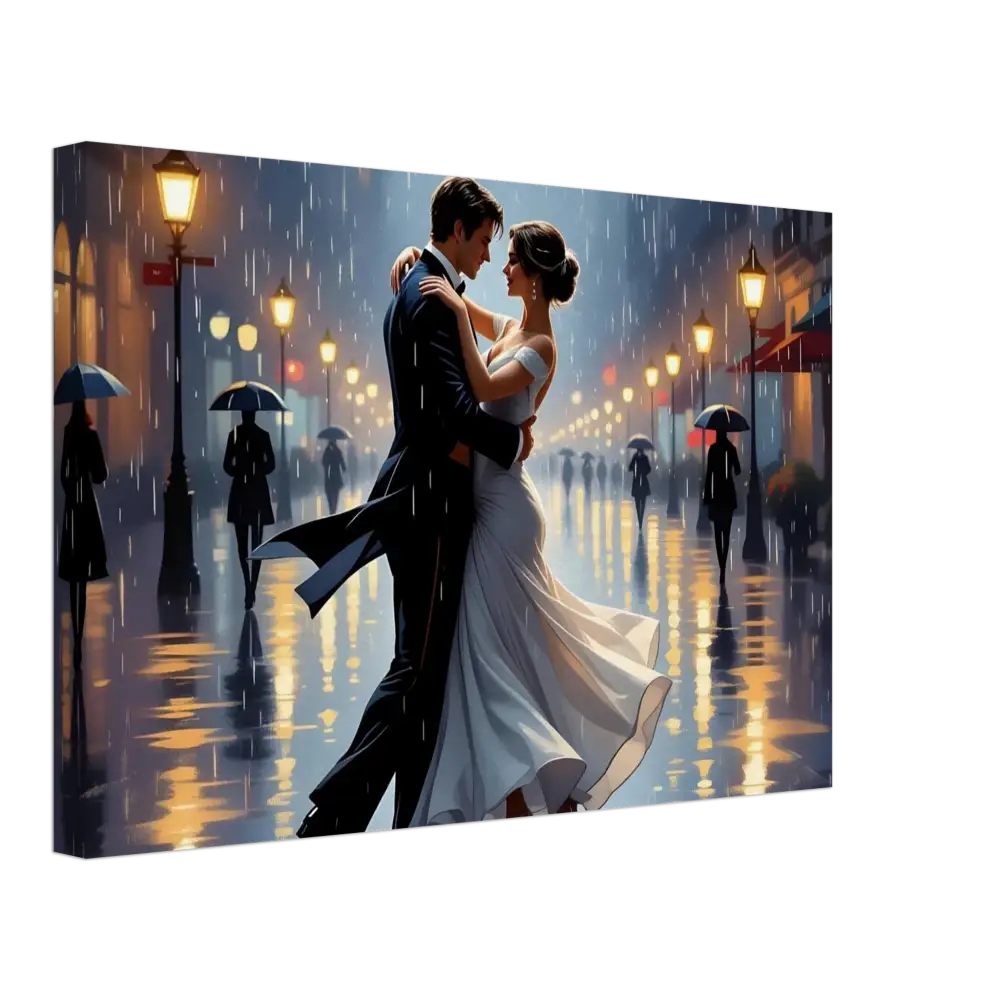 Romantic couple dancing in the rain on PixiOnyx Dreamscape Canvas titled Canvas – Waltz in the Rain