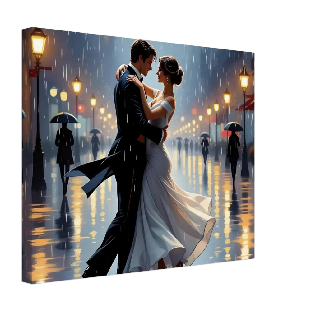 Romantic couple dancing in the rain on PixiOnyx Dreamscape Canvas titled Canvas Waltz in the Rain
