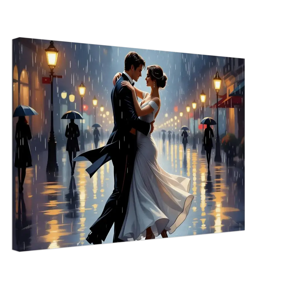 Romantic couple dancing in the rain on PixiOnyx Dreamscape Canvas Waltz in the Rain