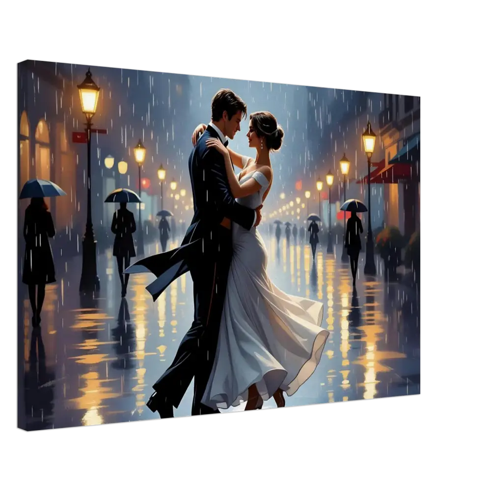 Romantic couple dancing in the rain on PixiOnyx Dreamscape Canvas titled Waltz in the Rain