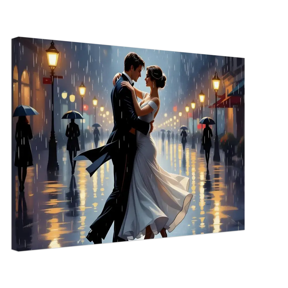 Romantic couple dancing in the rain on PixiOnyx Dreamscape Canvas titled Canvas Waltz in the Rain