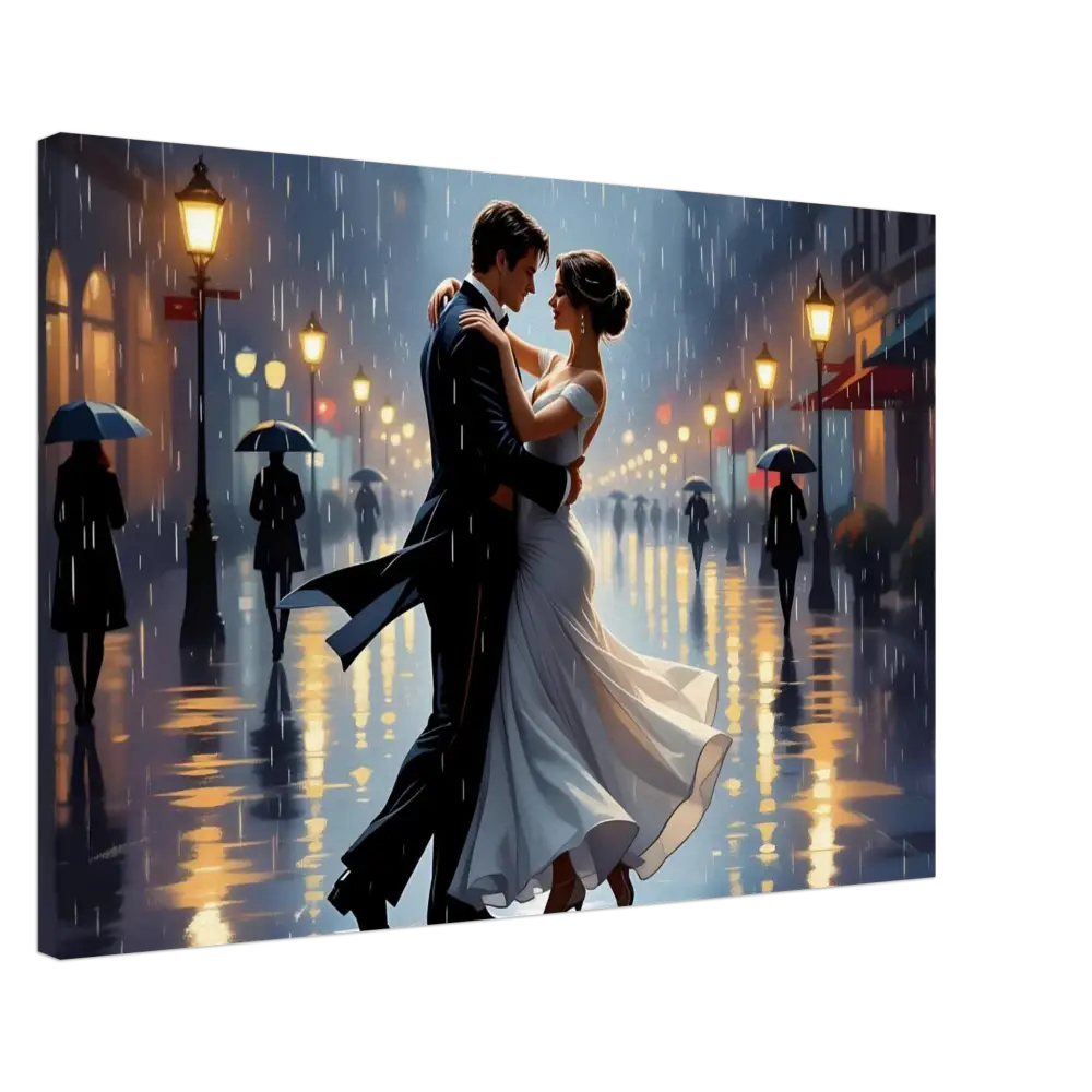 Romantic couple dancing in the rain on PixiOnyx Dreamscape Canvas Waltz in the Rain