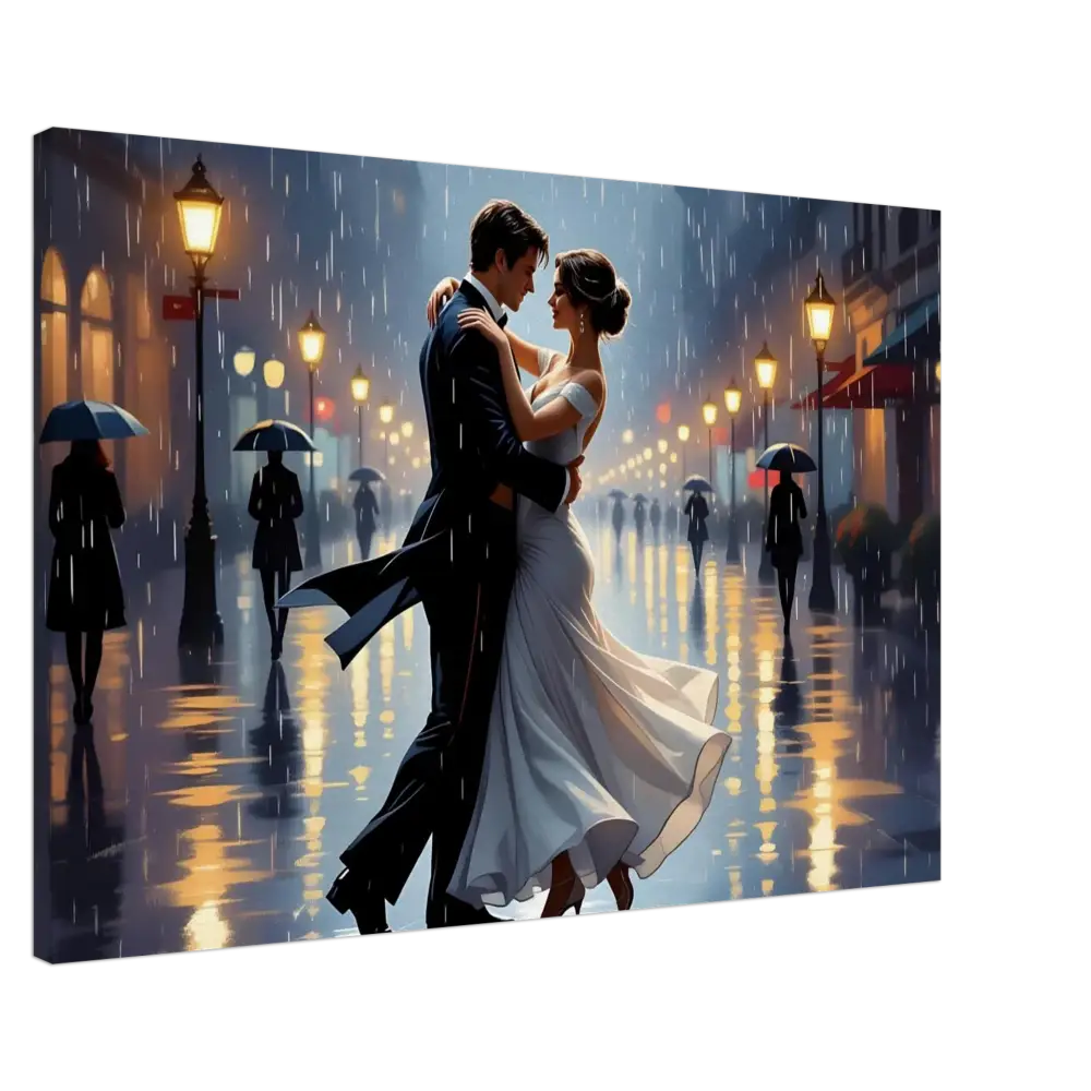 Romantic couple dancing in the rain on PixiOnyx Dreamscape Canvas Waltz in the Rain