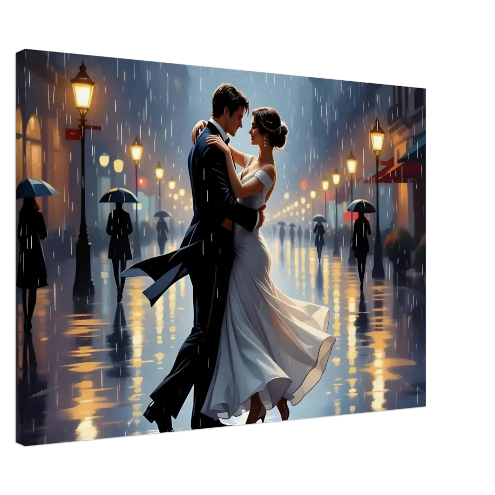 Romantic couple dancing in the rain on PixiOnyx Dreamscape Canvas titled Canvas Waltz in the Rain