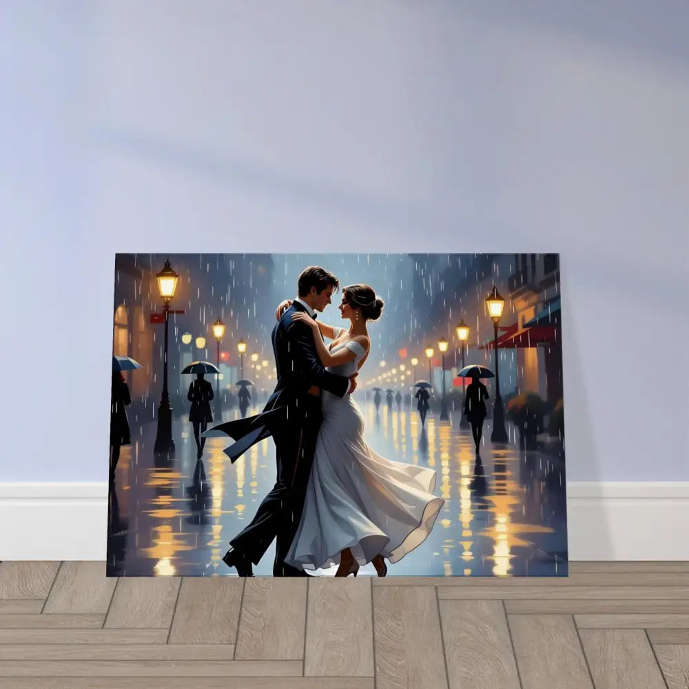 Romantic couple dancing in the rain painting on PixiOnyx Dreamscape Canvas