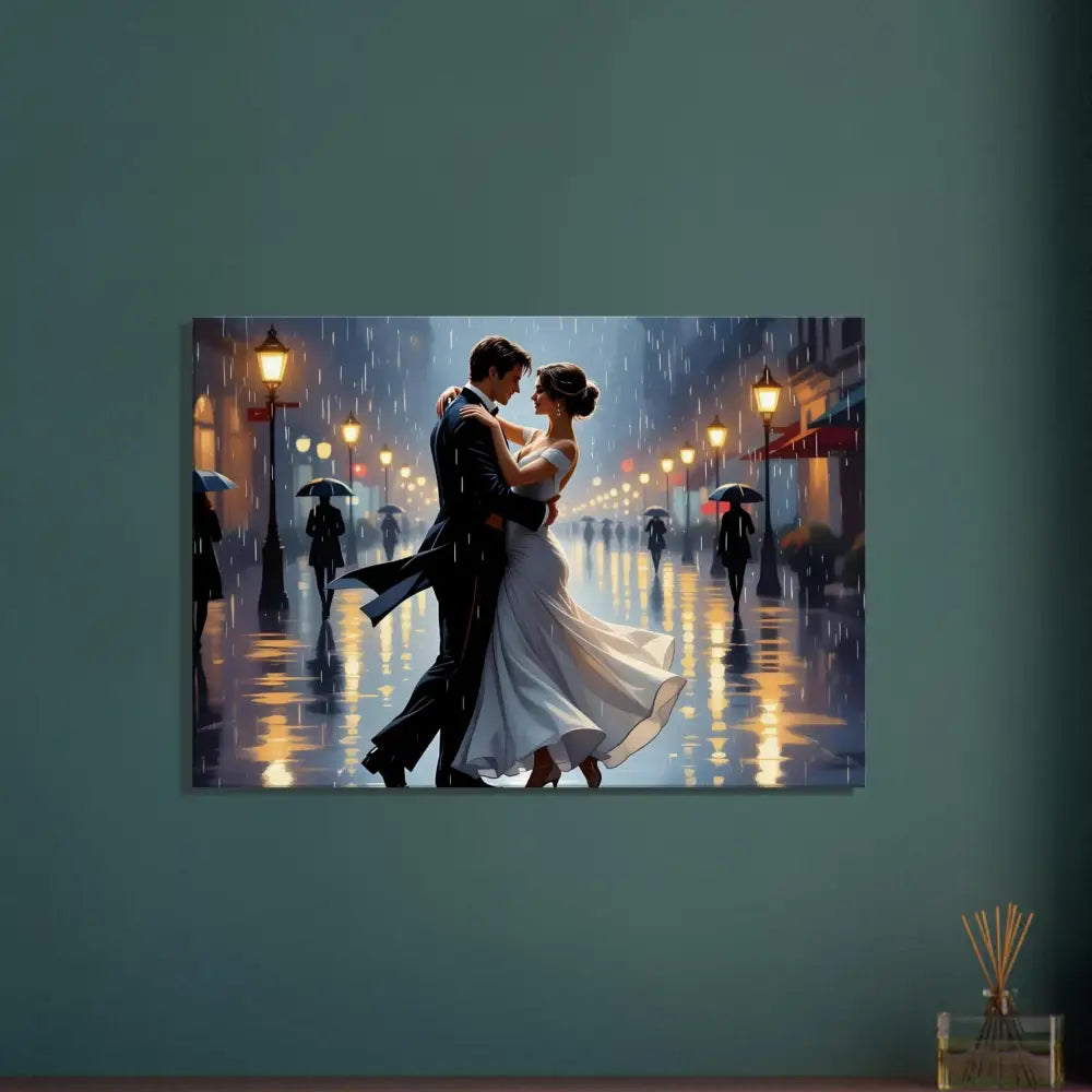 Romantic couple dancing in the rain on PixiOnyx Dreamscape Canvas titled Waltz in the Rain