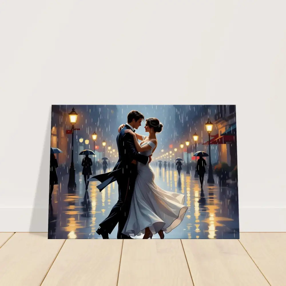 Romantic couple dancing in the rain painting on PixiOnyx Dreamscape Canvas