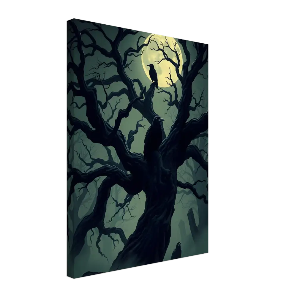 Spooky tree with ravens under a full moon on Canvas Watcher of the Crooked Moon PixiOnyx Spectral Silence Edition