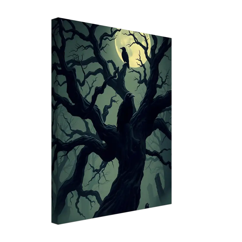 Eerie tree with ravens under moonlight on Canvas Watcher of the Crooked Moon PixiOnyx Spectral Silence Edition
