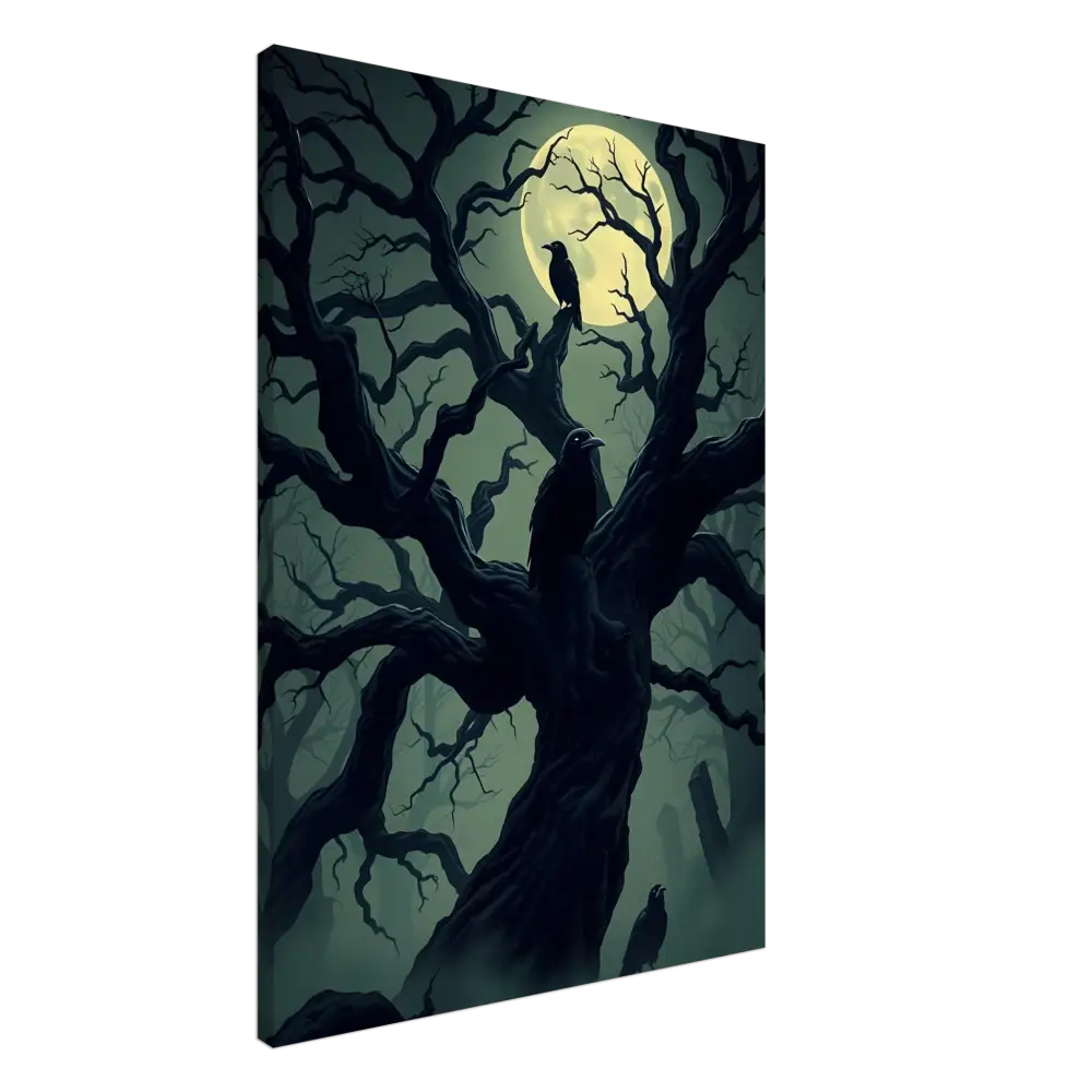 Eerie tree with ravens under a full moon on Canvas Watcher of the Crooked Moon PixiOnyx Spectral Silence Edition