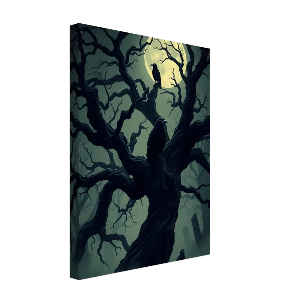Spooky tree with ravens under a full moon on Canvas Watcher of the Crooked Moon PixiOnyx Spectral Silence Edition