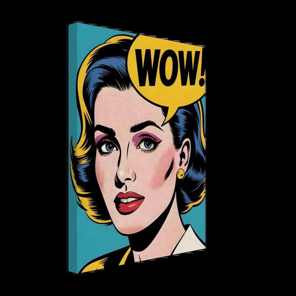 Pop art style canvas print of woman saying WOW with true pop-art flair on textured artist-grade cotton-poly canvas