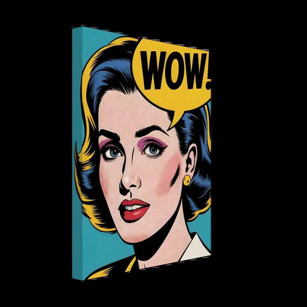 Pop art canvas print of woman saying WOW with true pop-art flair on textured artist-grade cotton-poly canvas