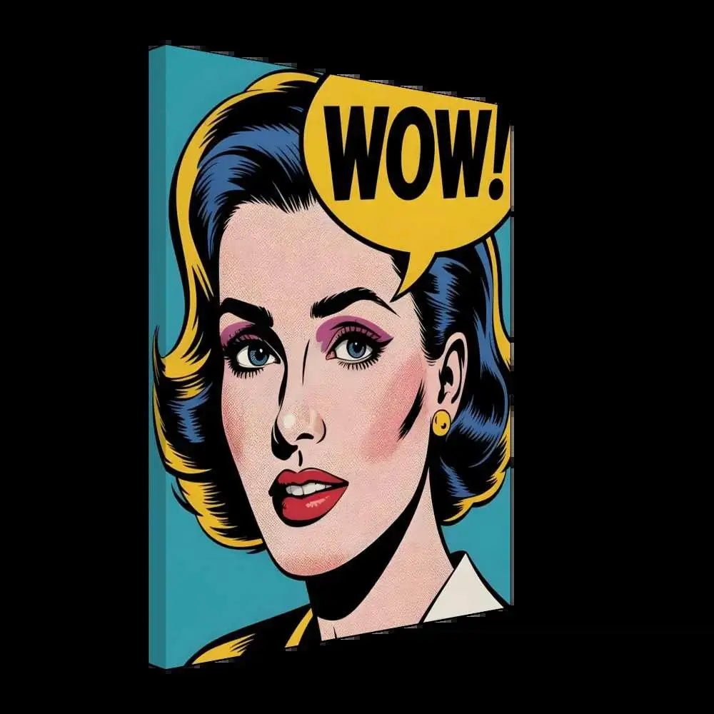 Pop art style comic book woman with WOW! speech bubble on textured artist-grade cotton-poly canvas