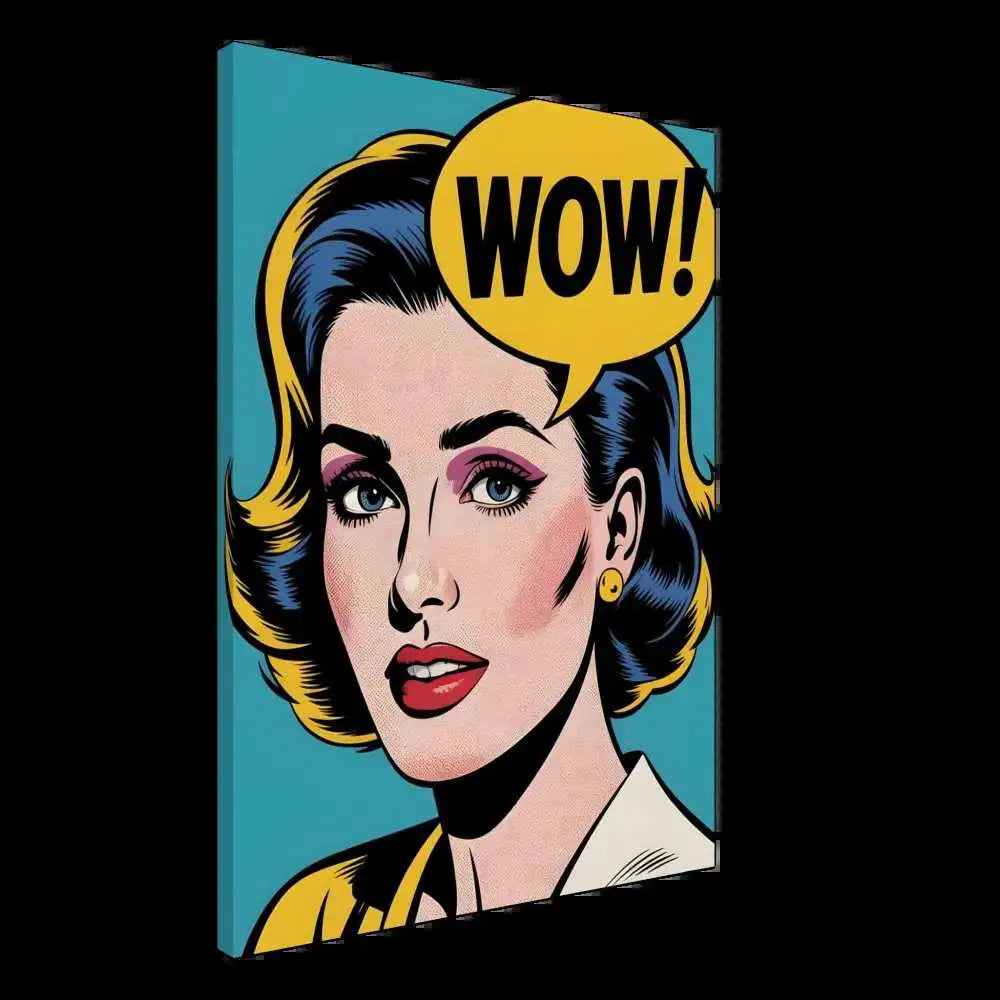 Pop art style portrait of woman with dark hair and red lipstick on textured artist-grade cotton-poly canvas