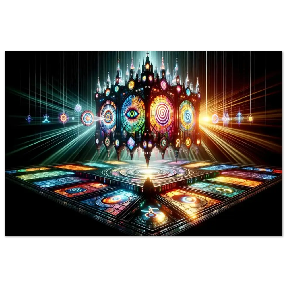 Colorful stained-glass cathedral depicted in the Cathedral of the Mind’s Eye Poster