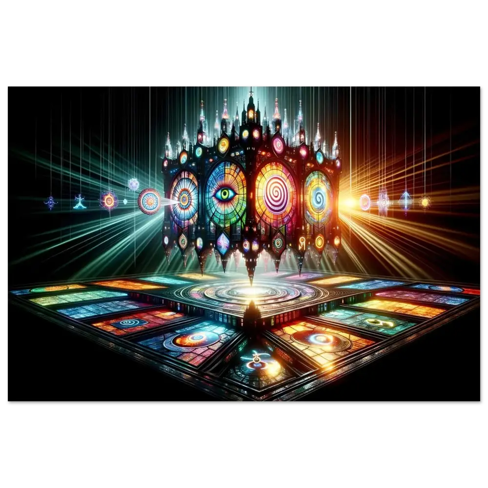 Ornate stained-glass cathedral cube art from the Cathedral of the Mind’s Eye Poster